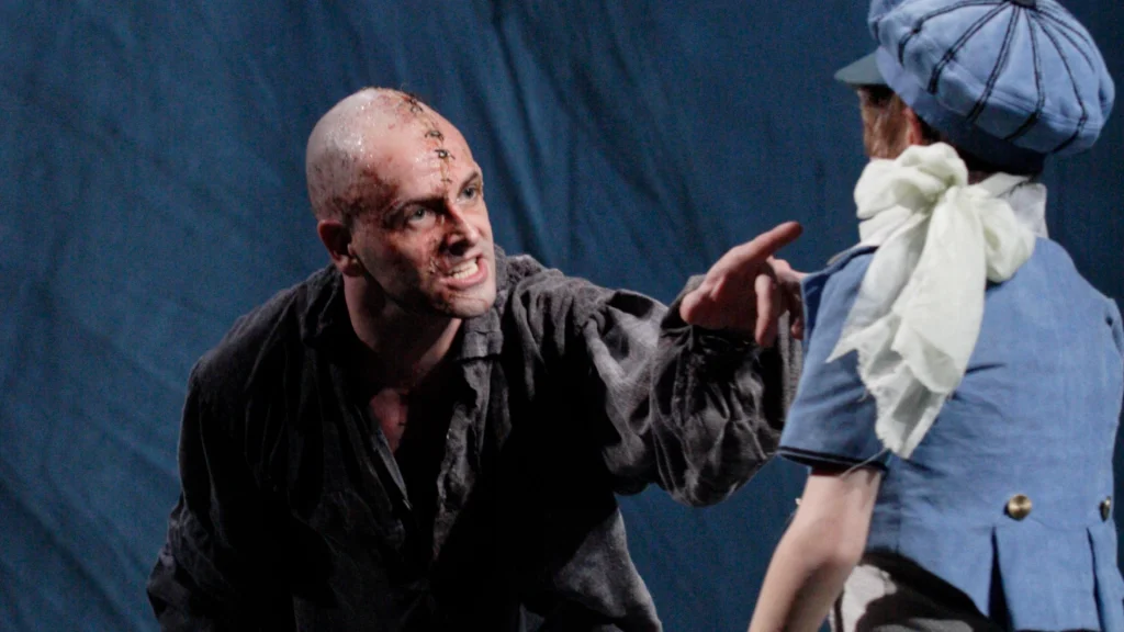 Jonny Lee Miller and Haydon Downing in Frankenstein